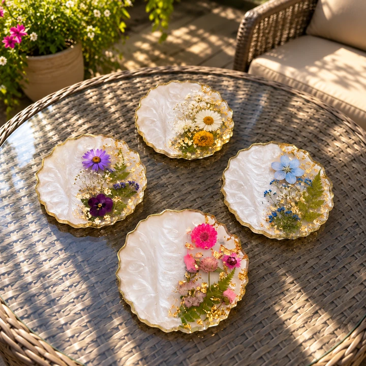 Quatro porta-copos em resina branca e transparente com flores e folhas douradas