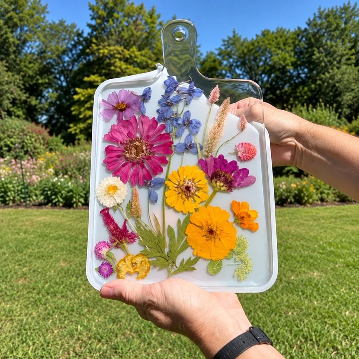 Tábua decorativa em resina com flores coloridas preservadas